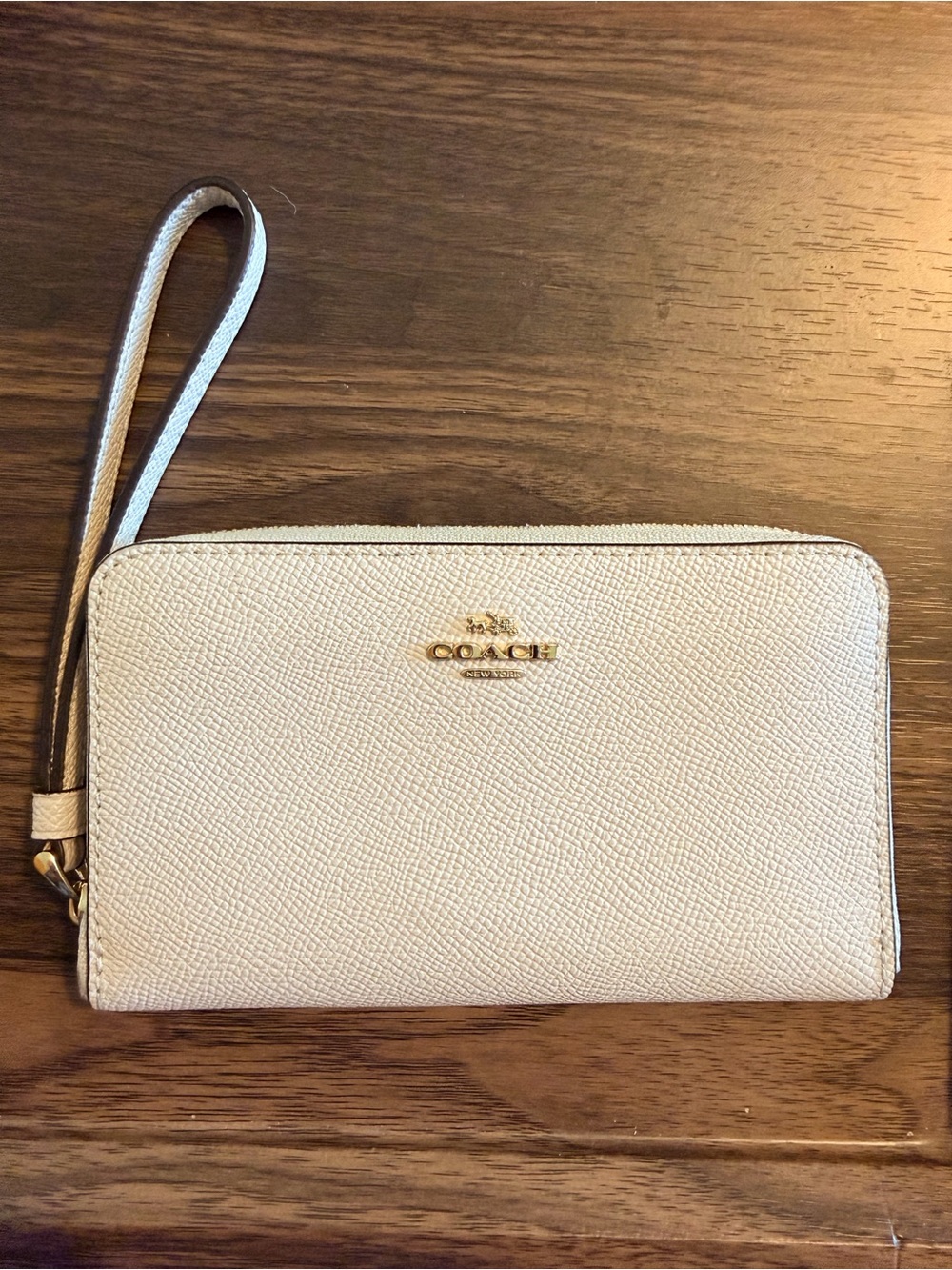 Coach Cream Pebbled Leather Wristlet with Gold Logo